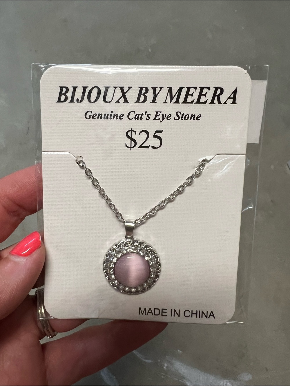Pink Cat's Eye Pendant Necklace with Silver Halo